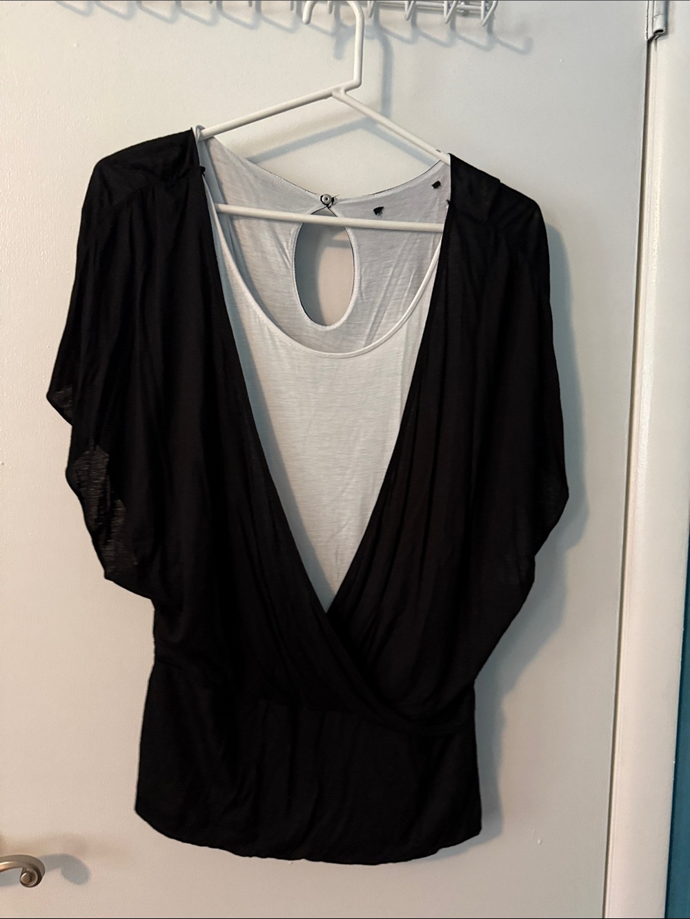 Black Draped Front Overlay Top with White Inner Attached Tank